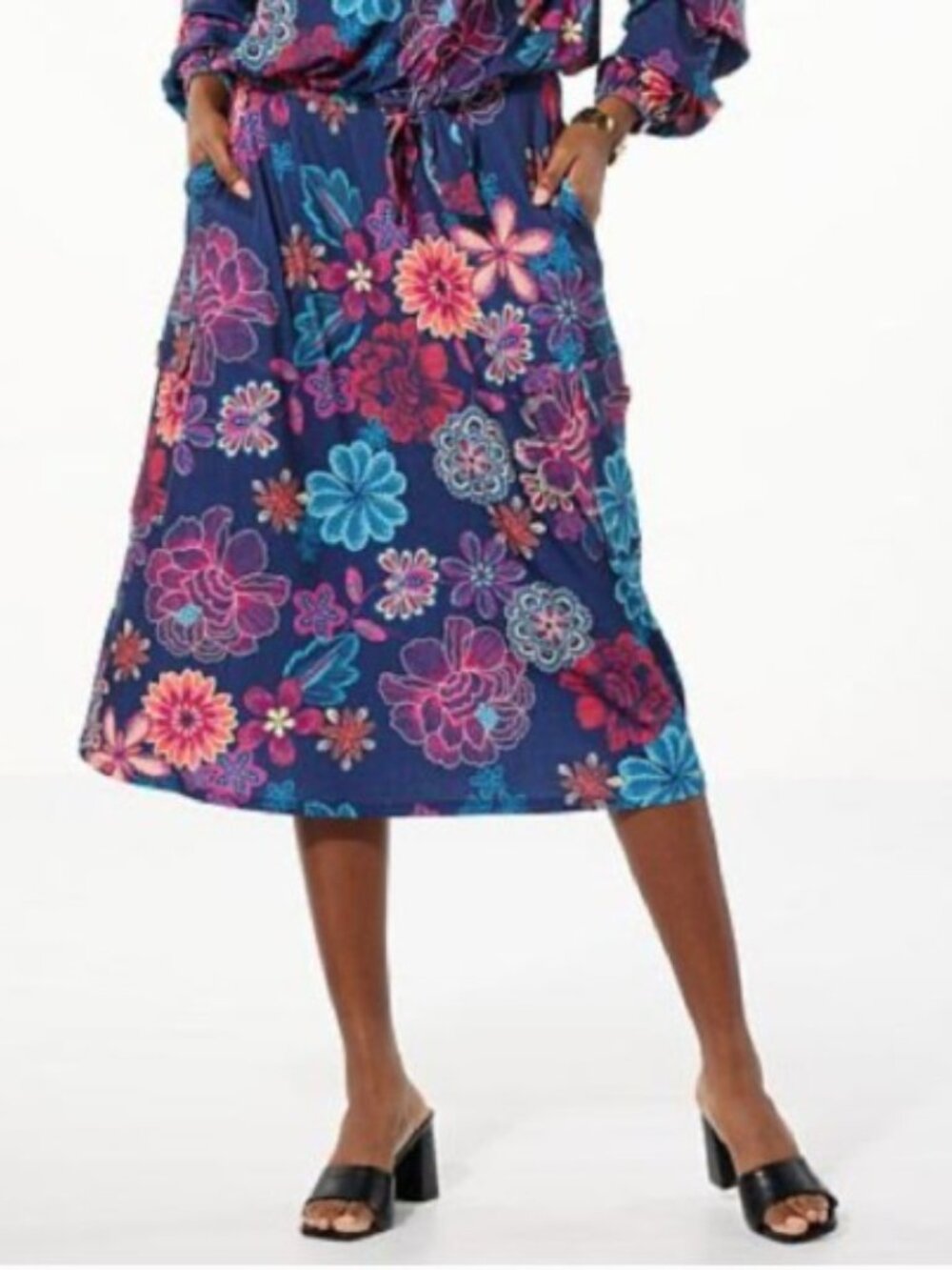 Antthony Blue Multicolor Floral‎ Print Bouncy Midi Skirt Pockets size 1X